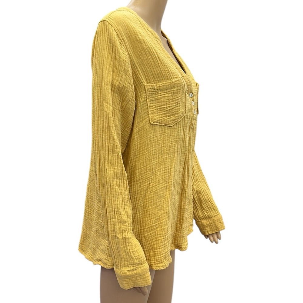 Mote Cotton Mustard Yellow Gauze Split V Neck Double Pocket Long Sleeve Top Sz L - Picture 3 of 11
